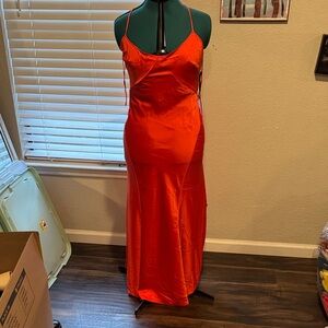 Sleek Satin Slip Dress in Vibrant Red-Orange